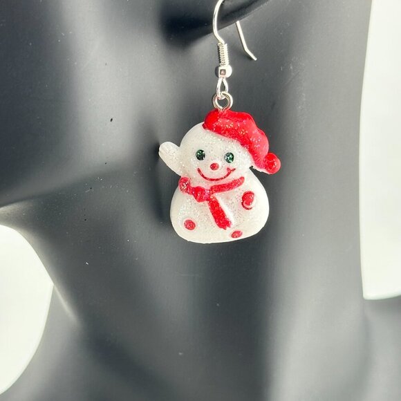 Sparkly Snowman Earrings White Snowman in Red Cap and Scarf - Picture 4 of 6